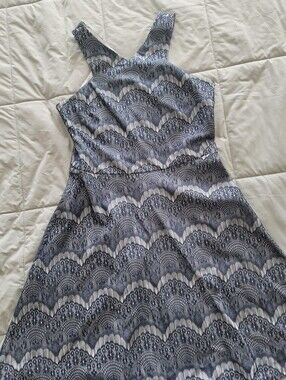 Adorne Blue White Scallop Lace Fit & Flare Dress – US 8